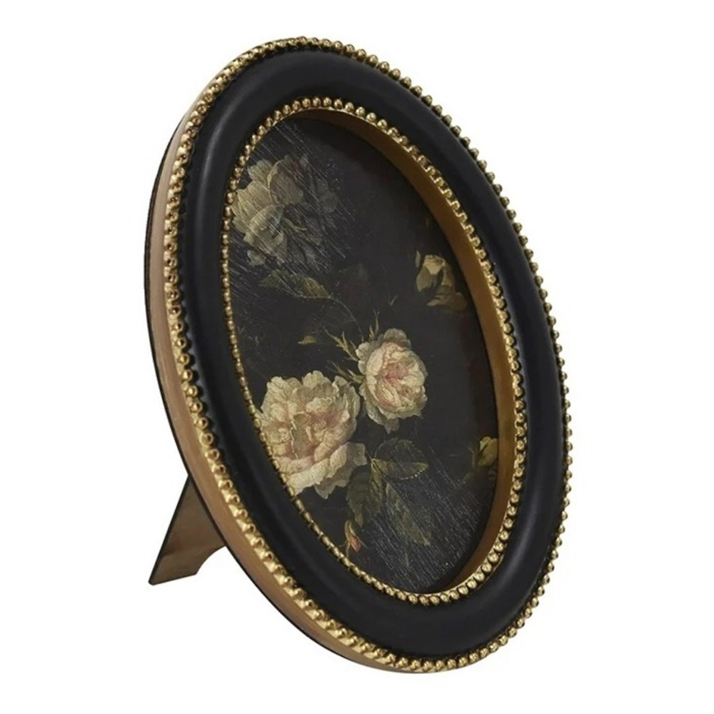 Home Decor Collection Black Wall Art, White Rose with Gold Beaded Frame 6x8